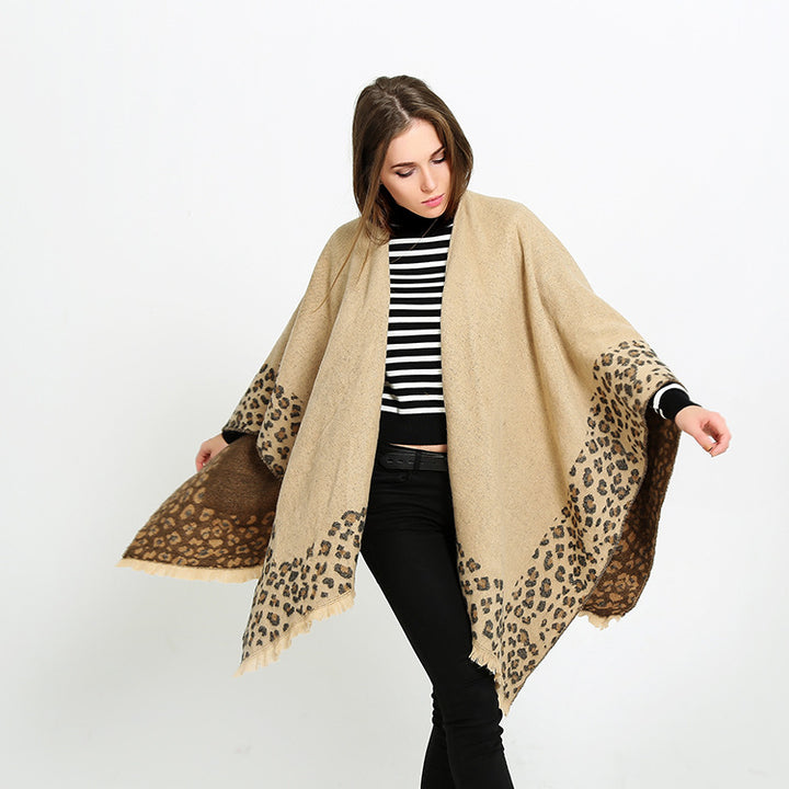 Women's Knit Ruana with Leopard Print Trim and Fringe Hem Mune Fashion