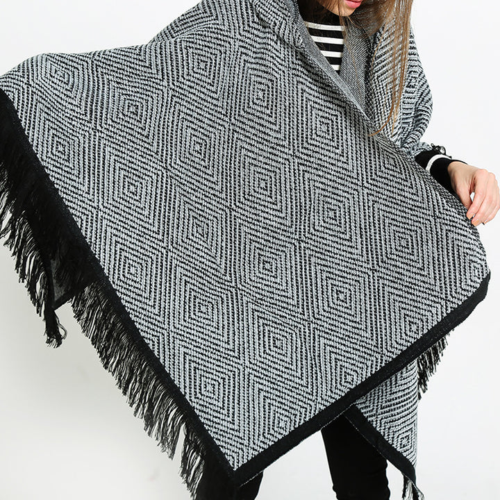 Women's Hooded Ruana in geometric jacquard with fringes and soft draping wool look Mune Fashion
