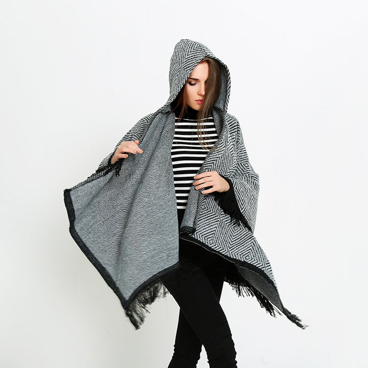 Women's Hooded Ruana in geometric jacquard with fringes and soft draping wool look Mune Fashion