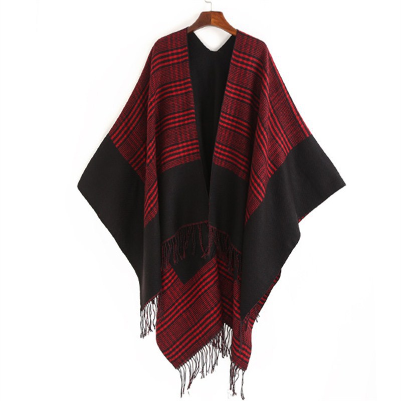 Women's Oversize Ruana with Glencheck Jacquard and Fringed Hem Mune Fashion