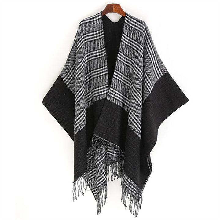 Women's Oversize Ruana with Glencheck Jacquard and Fringed Hem Mune Fashion
