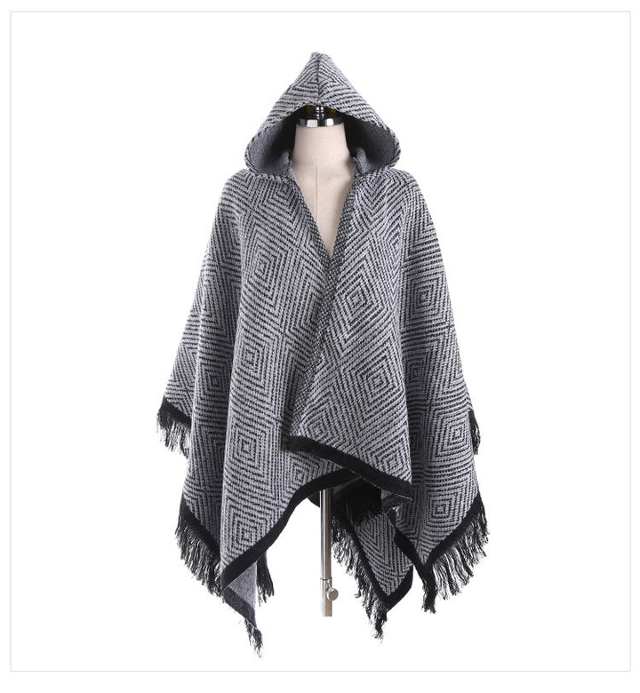 Women's Hooded Ruana in geometric jacquard with fringes and soft draping wool look Mune Fashion