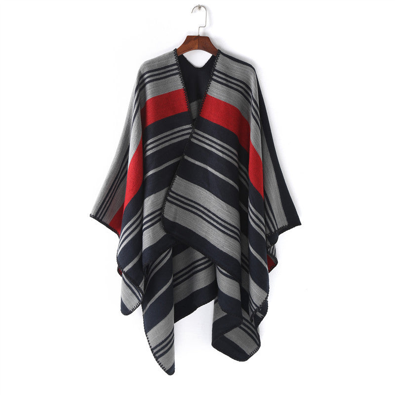Womens Oversize Ruana Wrap with Striped Jacquard and Decorative Stitch Edge Mune Fashion