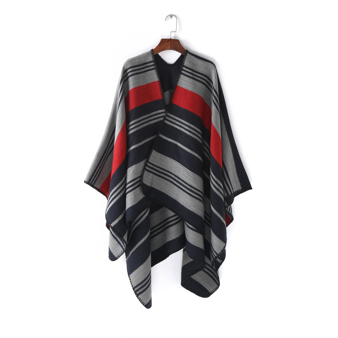 Womens Oversize Ruana Wrap with Striped Jacquard and Decorative Stitch Edge Mune Fashion