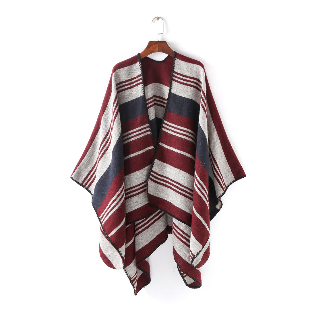 Womens Oversize Ruana Wrap with Striped Jacquard and Decorative Stitch Edge Mune Fashion