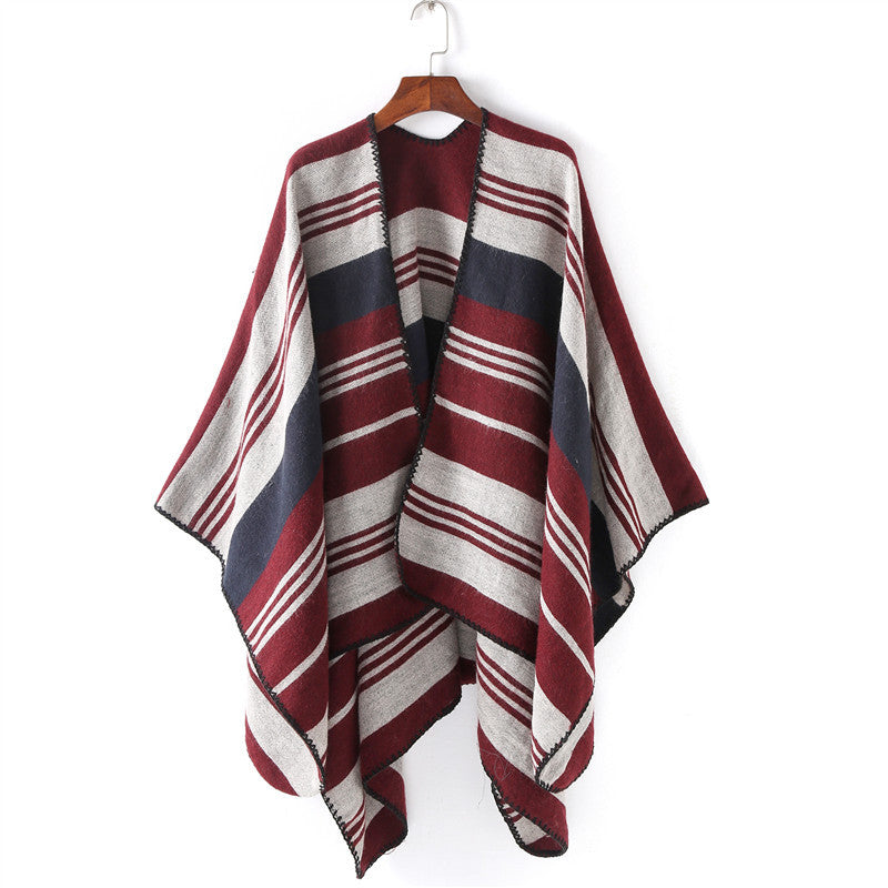 Womens Oversize Ruana Wrap with Striped Jacquard and Decorative Stitch Edge Mune Fashion