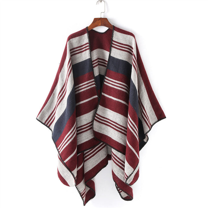 Womens Oversize Ruana Wrap with Striped Jacquard and Decorative Stitch Edge Mune Fashion