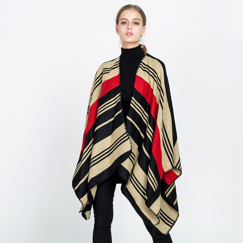 Womens Oversize Ruana Wrap with Striped Jacquard and Decorative Stitch Edge Mune Fashion