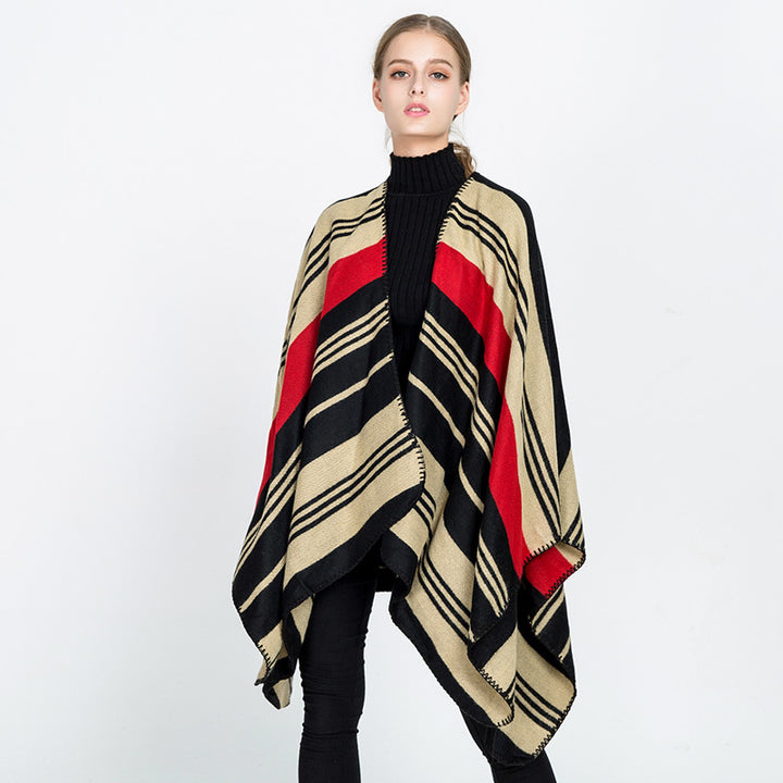 Womens Oversize Ruana Wrap with Striped Jacquard and Decorative Stitch Edge Mune Fashion