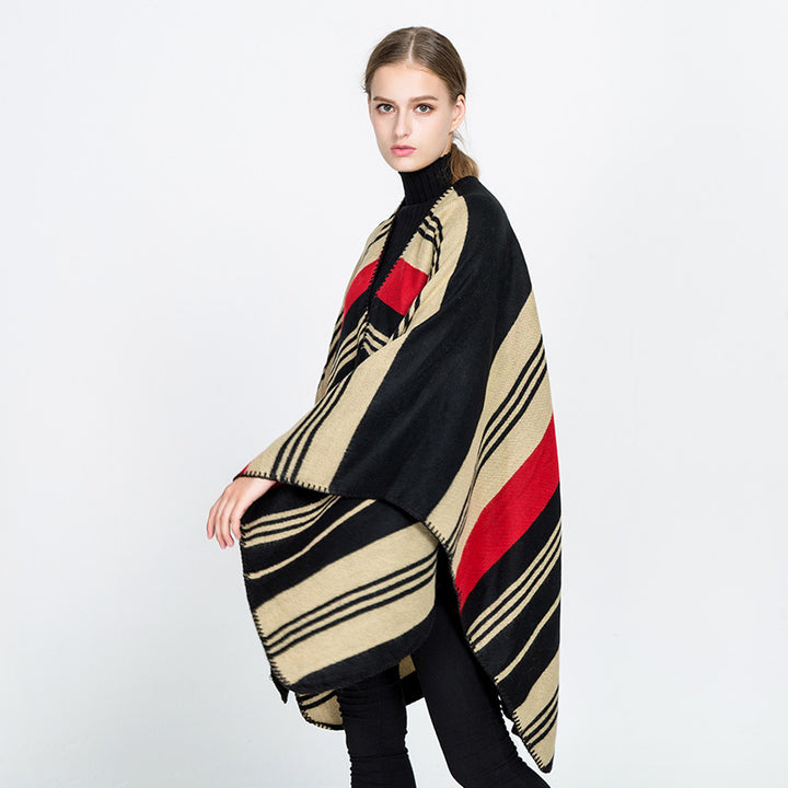 Womens Oversize Ruana Wrap with Striped Jacquard and Decorative Stitch Edge Mune Fashion