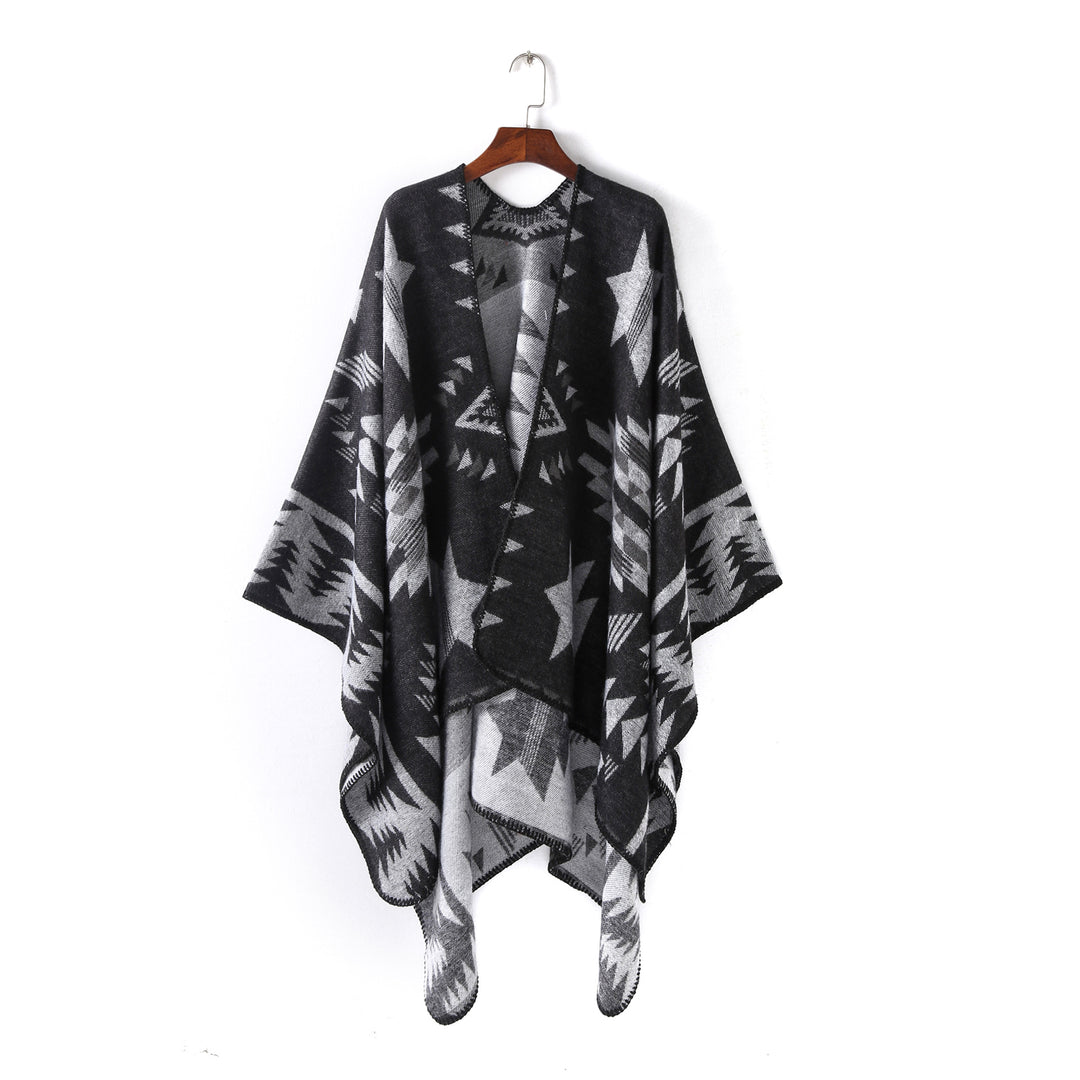 Women's Wool Blend Oversized Ruana Wrap with Geometric Star Jacquard Mune Fashion