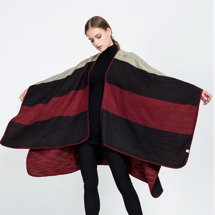 Women Cape-Ruana with two-layer woven structure and graphic block stripe Mune Fashion