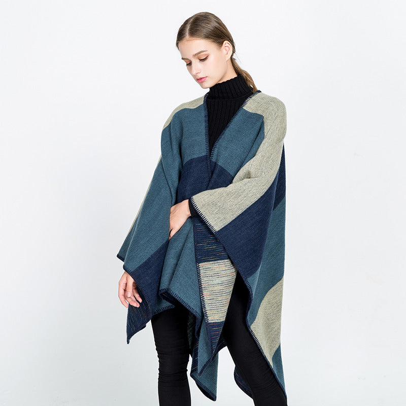Women Cape-Ruana with two-layer woven structure and graphic block stripe Mune Fashion