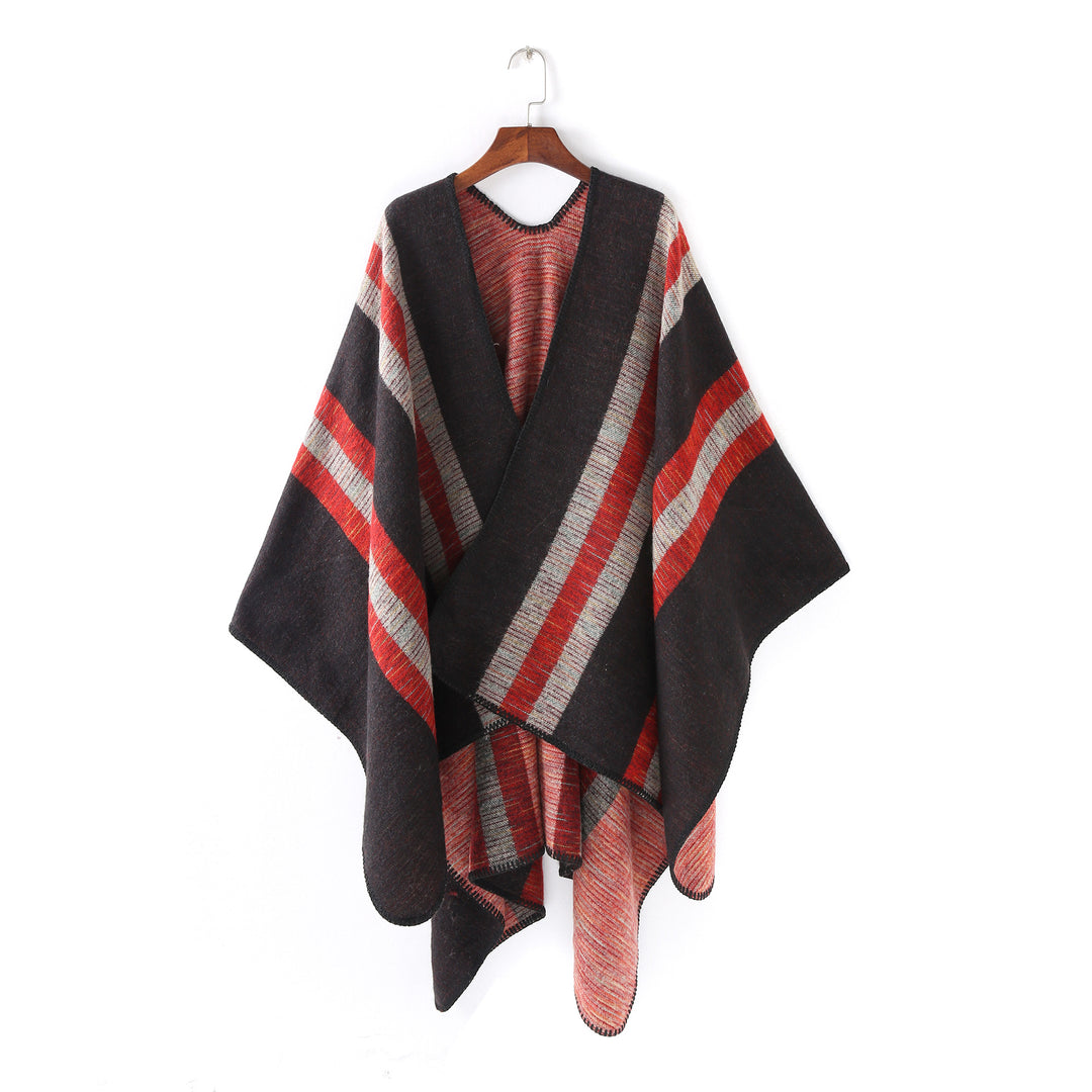 Ladies Structured Wool Blend Ruana Wrap with Diagonal Stripes