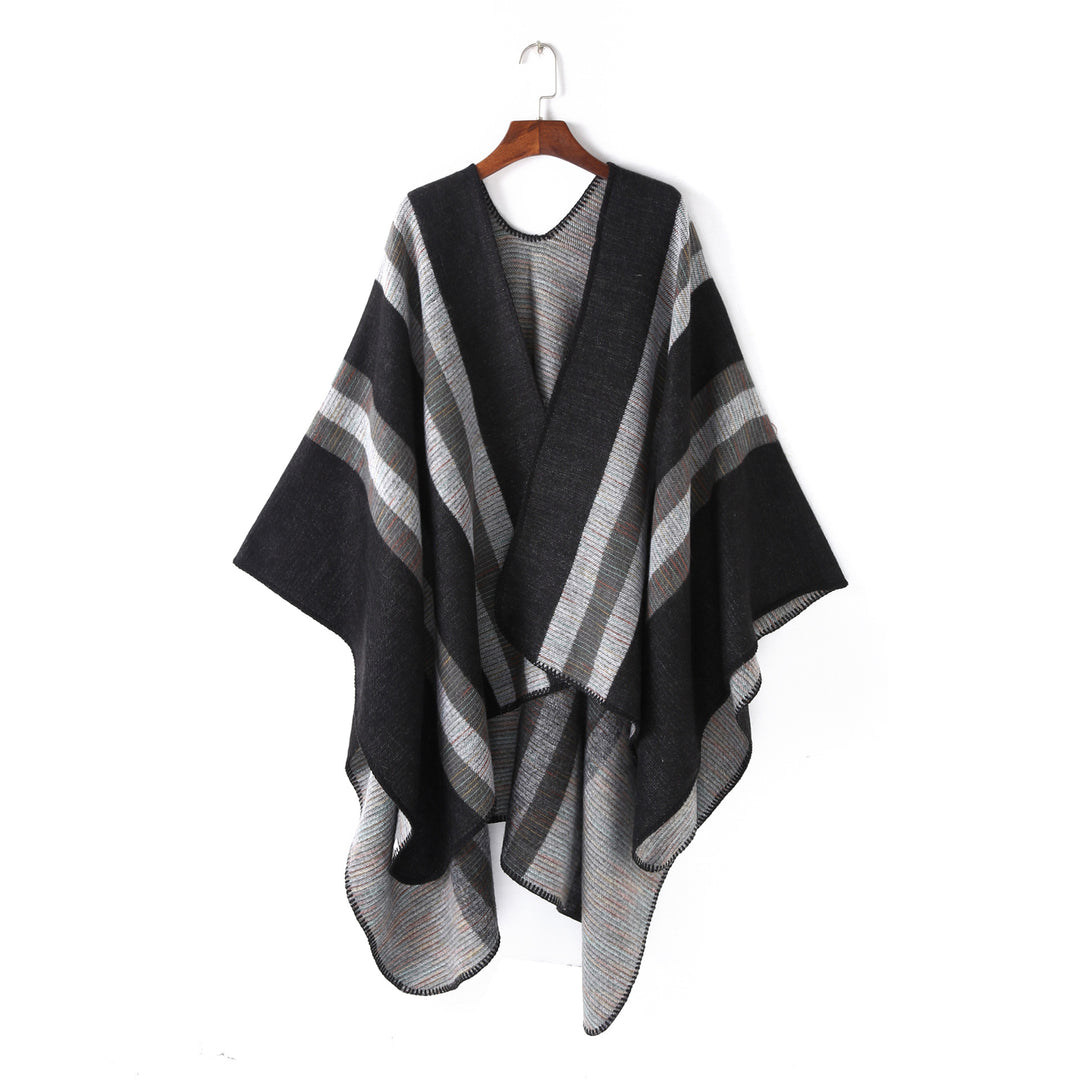Ladies Structured Wool Blend Ruana Wrap with Diagonal Stripes
