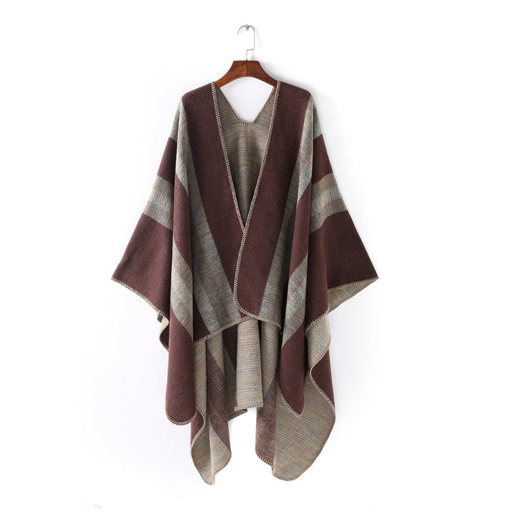 Ladies Structured Wool Blend Ruana Wrap with Diagonal Stripes