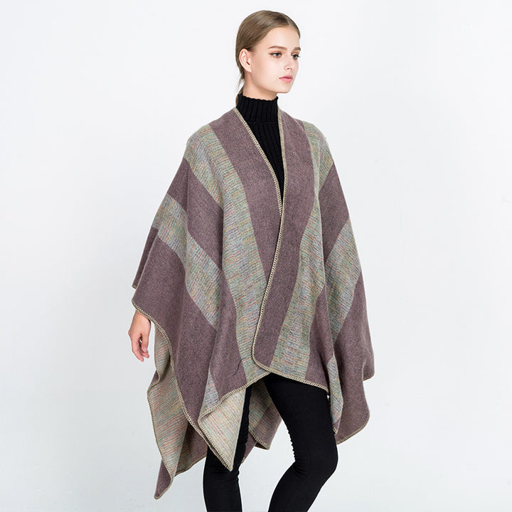 Ladies Structured Wool Blend Ruana Wrap with Diagonal Stripes
