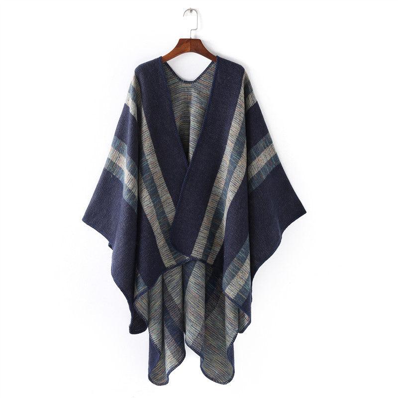 Ladies Structured Wool Blend Ruana Wrap with Diagonal Stripes