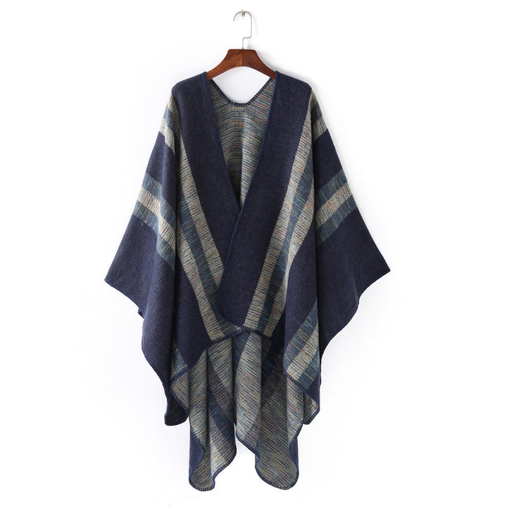Ladies Structured Wool Blend Ruana Wrap with Diagonal Stripes
