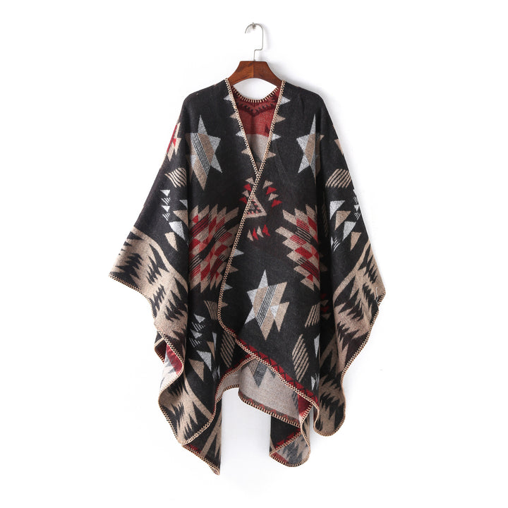 Women's Wool Blend Oversized Ruana Wrap with Geometric Star Jacquard Mune Fashion