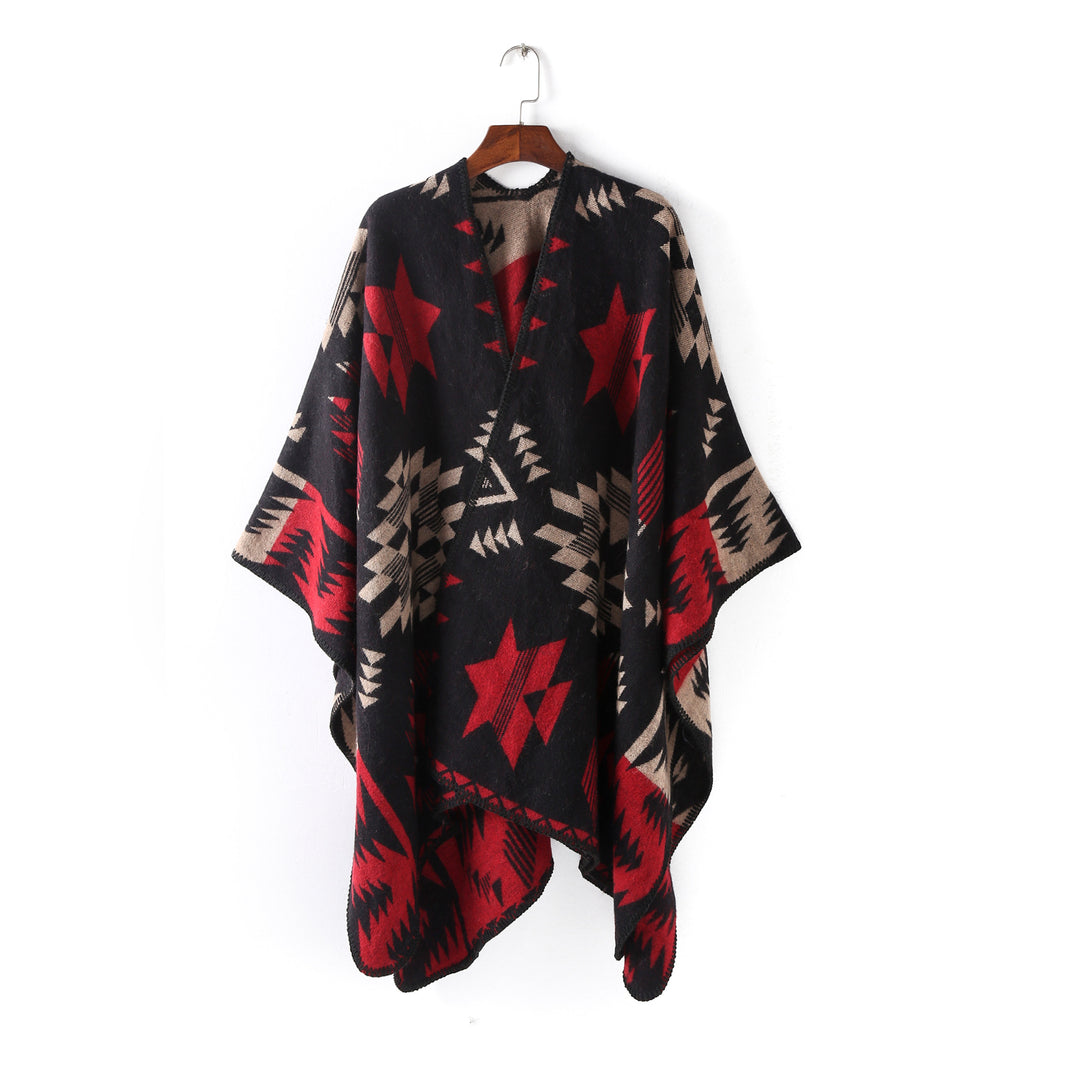 Women's Wool Blend Oversized Ruana Wrap with Geometric Star Jacquard Mune Fashion