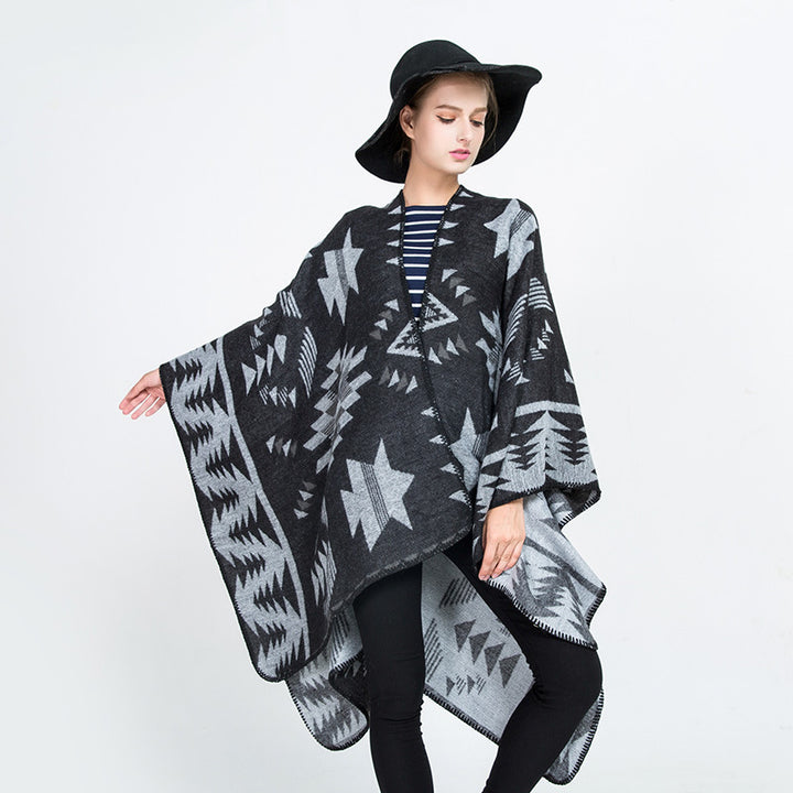 Women's Wool Blend Oversized Ruana Wrap with Geometric Star Jacquard Mune Fashion