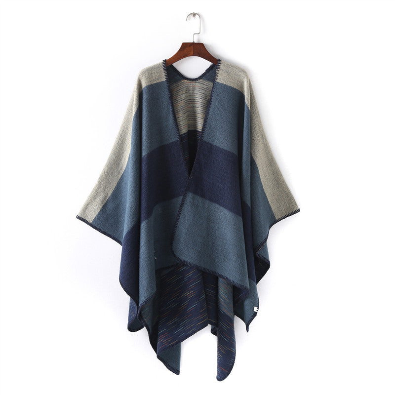 Women Cape-Ruana with two-layer woven structure and graphic block stripe Mune Fashion