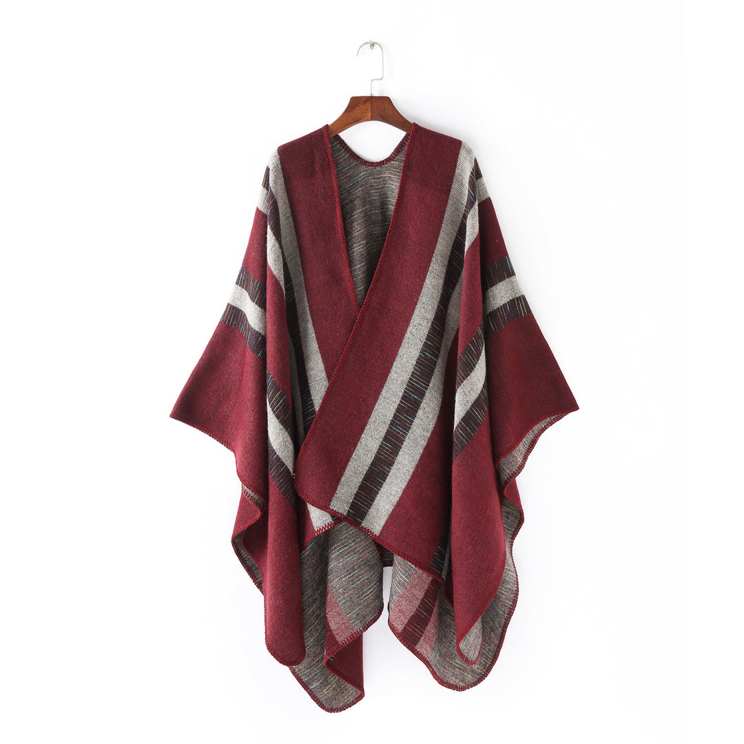 Ladies Structured Wool Blend Ruana Wrap with Diagonal Stripes