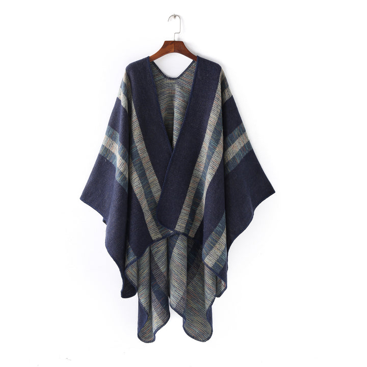 Ladies Structured Wool Blend Ruana Wrap with Diagonal Stripes