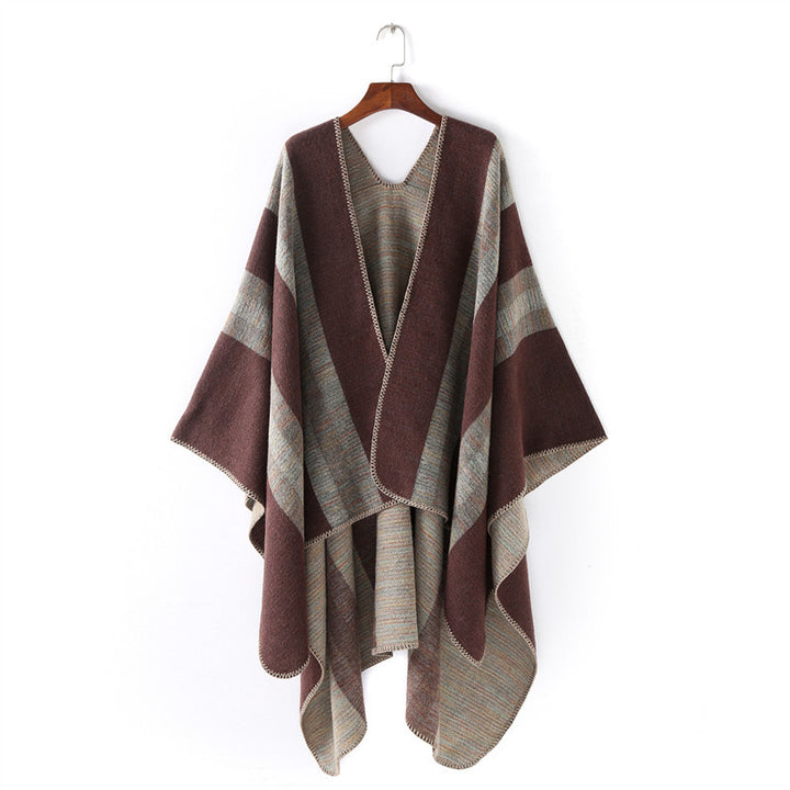 Ladies Structured Wool Blend Ruana Wrap with Diagonal Stripes
