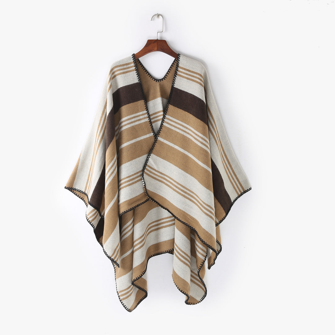 Womens Oversize Ruana Wrap with Striped Jacquard and Decorative Stitch Edge Mune Fashion
