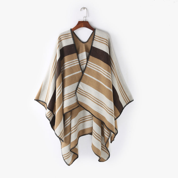 Womens Oversize Ruana Wrap with Striped Jacquard and Decorative Stitch Edge Mune Fashion