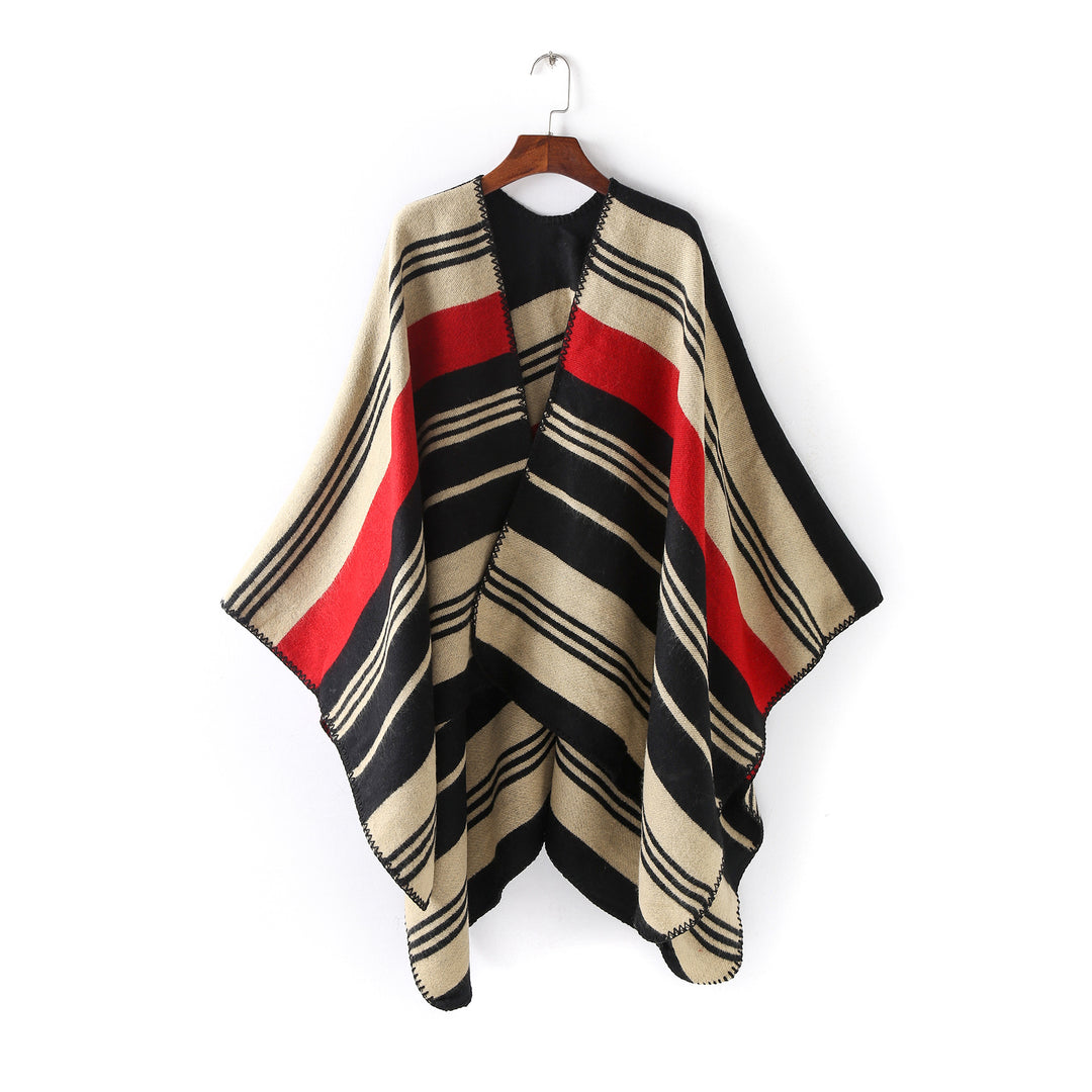 Womens Oversize Ruana Wrap with Striped Jacquard and Decorative Stitch Edge Mune Fashion