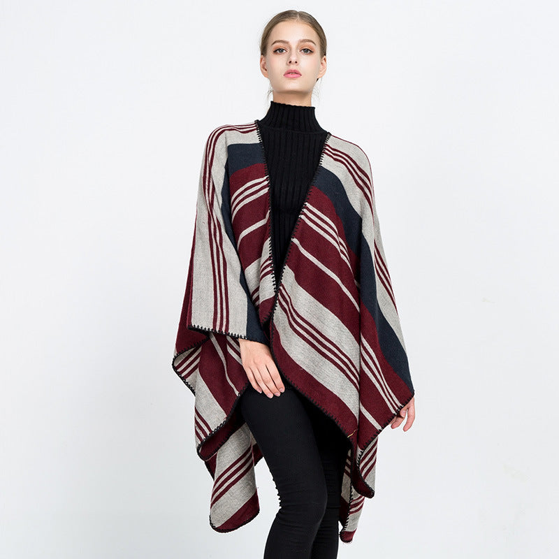 Womens Oversize Ruana Wrap with Striped Jacquard and Decorative Stitch Edge Mune Fashion
