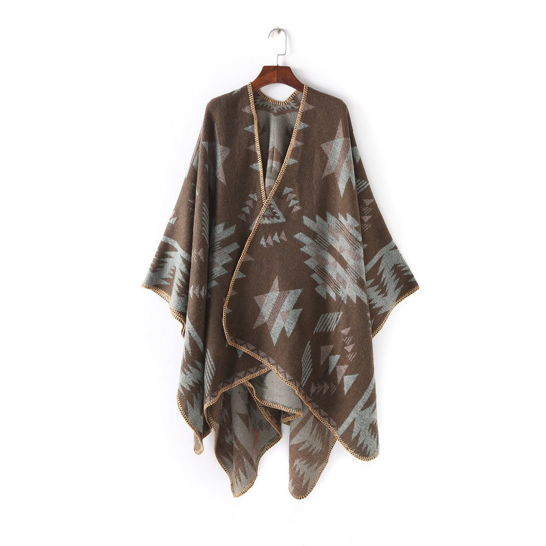 Women's Wool Blend Oversized Ruana Wrap with Geometric Star Jacquard Mune Fashion