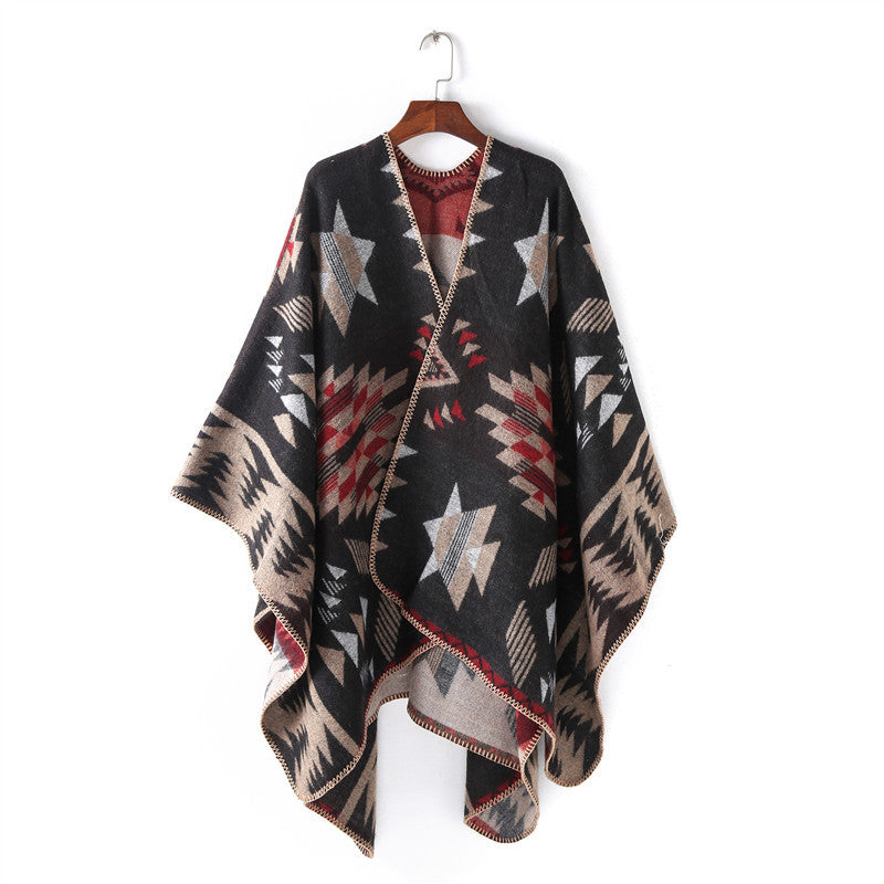 Women's Wool Blend Oversized Ruana Wrap with Geometric Star Jacquard Mune Fashion
