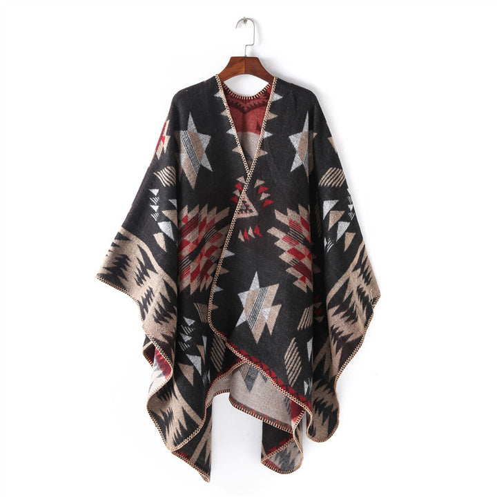 Women's Wool Blend Oversized Ruana Wrap with Geometric Star Jacquard Mune Fashion