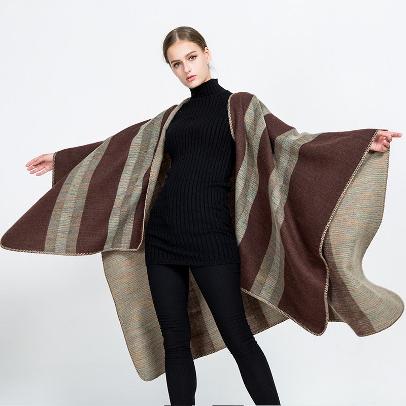 Ladies Structured Wool Blend Ruana Wrap with Diagonal Stripes