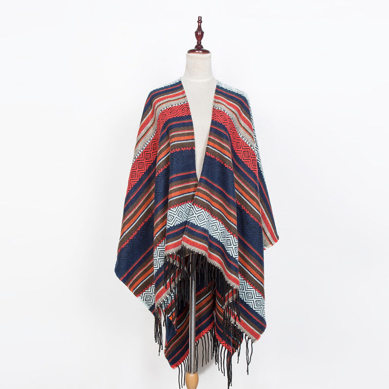Women's Open Oversized Serape Poncho in Ethno Jacquard with Long Fringes Mune Fashion