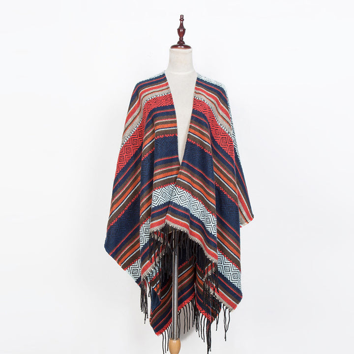 Women's Open Oversized Serape Poncho in Ethno Jacquard with Long Fringes Mune Fashion