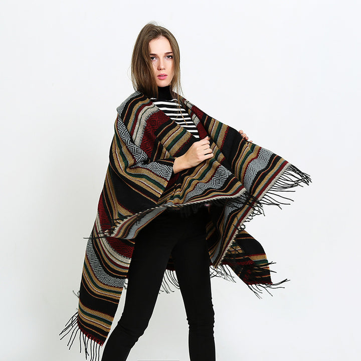 Women's Open Oversized Serape Poncho in Ethno Jacquard with Long Fringes Mune Fashion
