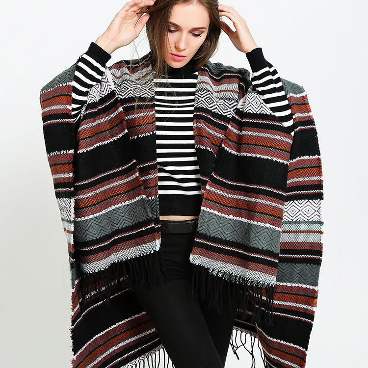 Women's Open Oversized Serape Poncho in Ethno Jacquard with Long Fringes Mune Fashion