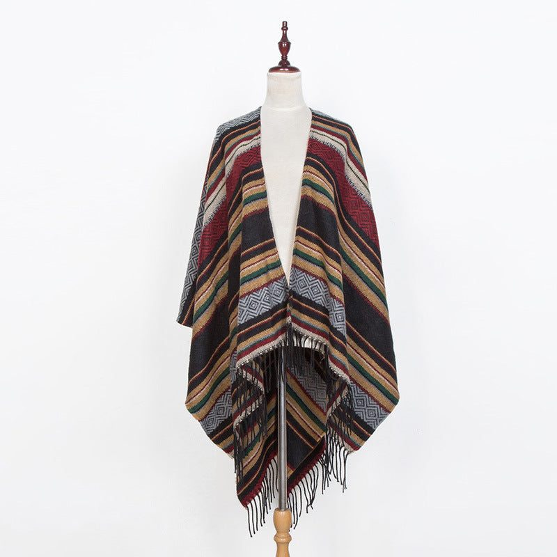 Women's Open Oversized Serape Poncho in Ethno Jacquard with Long Fringes Mune Fashion