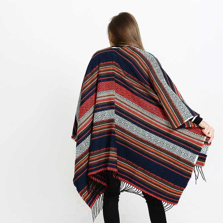 Women's Open Oversized Serape Poncho in Ethno Jacquard with Long Fringes Mune Fashion