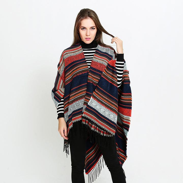 Women's Open Oversized Serape Poncho in Ethno Jacquard with Long Fringes Mune Fashion