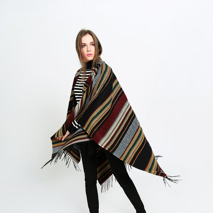Women's Open Oversized Serape Poncho in Ethno Jacquard with Long Fringes Mune Fashion