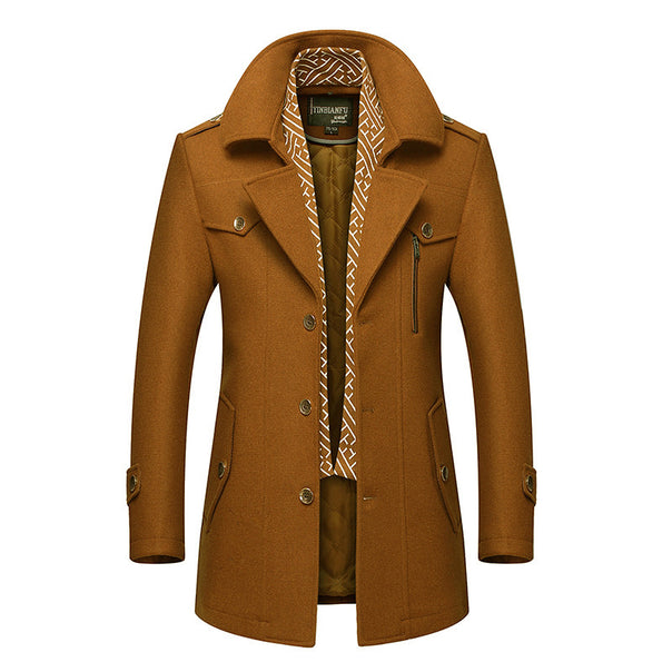 Men's mid-length wool blend coat with quilted inner jacket, shoulder flaps, and zip-up chest pocket Mune Fashion
