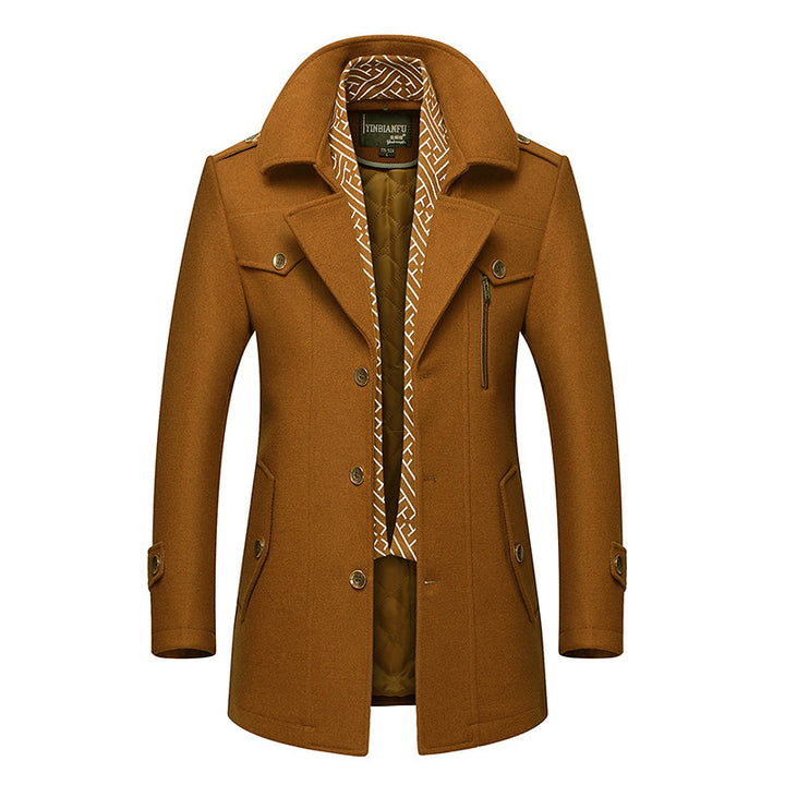 Men's mid-length wool blend coat with quilted inner jacket, shoulder flaps, and zip-up chest pocket Mune Fashion