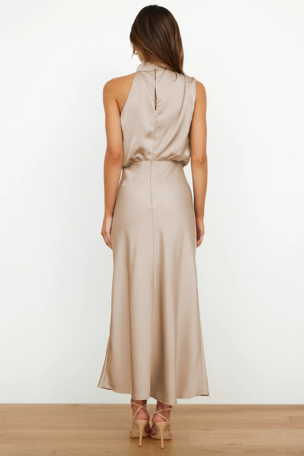 Long satin dress with halter neck
