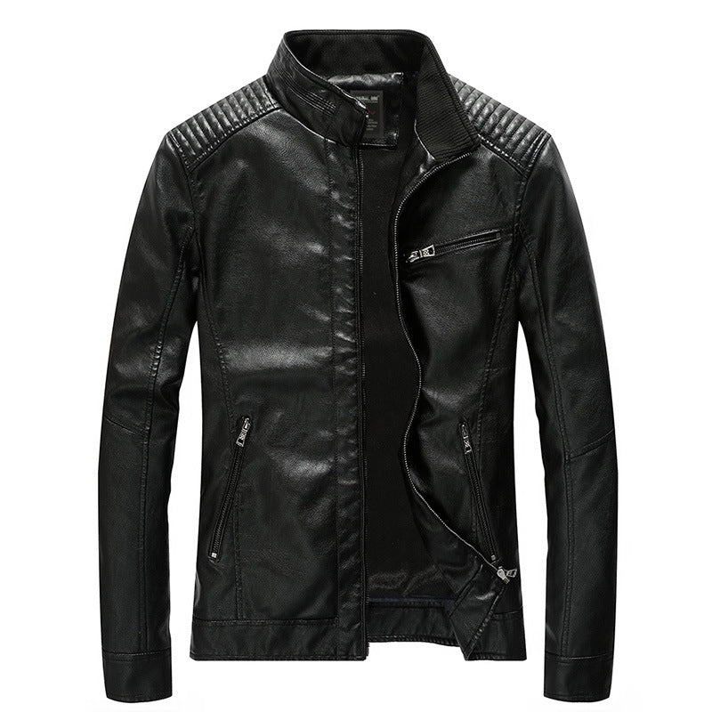 Men's Faux Leather Biker Jacket with Stand-up Collar and Shoulder Padding Mune Fashion